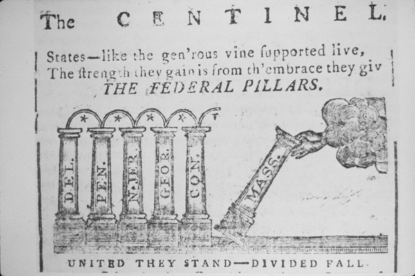 在联邦宪法批准运动中，马萨诸塞的一幅著名政治漫画。如果各州无法浮沉与共，那么合众国的大厦必将倾倒。